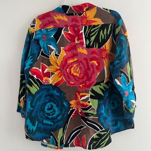 Chico’s Woman Blouse/Tunic Large button down Linen  3/4 sleeves Tropical print - Picture 6 of 17
